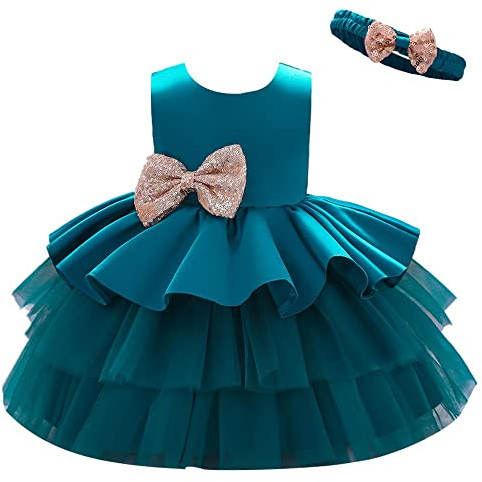 Lito Angels Baby blomma flicka brudtärna klänningar bröllopsfest outfit fin balklänning tillfälle klänning med pannband, grön (Teal green), 9-12 månader