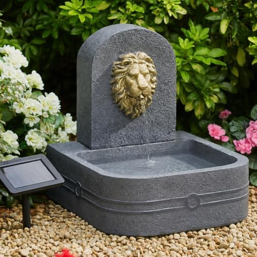 Garden Mile Fuente de agua solar de jardín con cabeza de león, cascada para interiores y exteriores, cascada ornamental para tu jardín, hogar, césped, patio, terraza