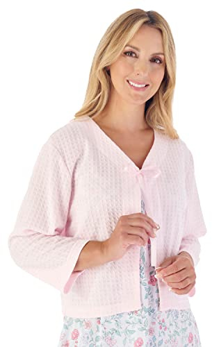 Slenderella Manteau en tricot gaufré à nouer pour femme, manches 3/4, avec ruban et lien, rose, L