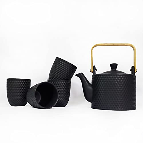 WEOPYCJ Service à thé japonais en céramique avec théière, théière en porcelaine avec infuseur et poignée en bambou, 4 tasses, théière asiatique noire (théière 887 ml et tasse 170 g)