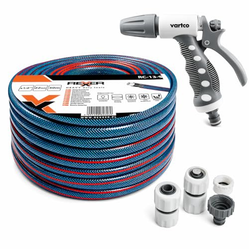 REXXER Gartenschlauch-Set 50 m, 1/2 Zoll, 4-lagig, Sprühpistole | UV-beständig, flexibel, Sprühpistole, Schnellkupplungen, Wasserhahnanschluss