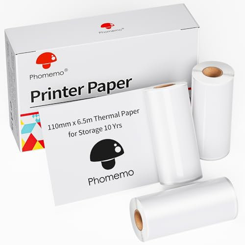 Phomemo 110mm Beschreibbares Thermopapier 3 Rollen, BPA Frei, Kompatibel mit Phomemo M832/M834 Tragbarer Drucker für zu Hause, Foto, Zeitplan, 6.5M/Rolle