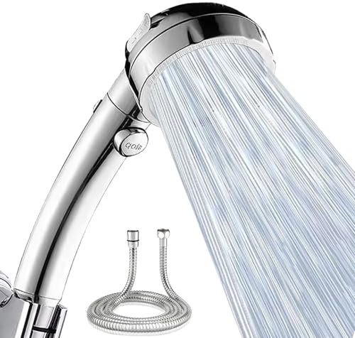 Hochdruck Duschkopf mit 2m Schlauch, 3 Strahlarten Wassersparender Handbrause Mit Stoppfunktion, Duschbrause mit Antikalk-Funktion, Chrom