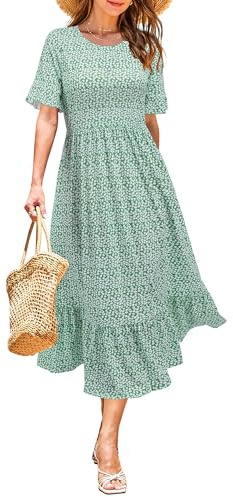 STYLEWORD Donna Vestito Estivo Midi Manica Corta con Volant Vestito Floreale Swing Maxi Abiti Lunghi con Tasche