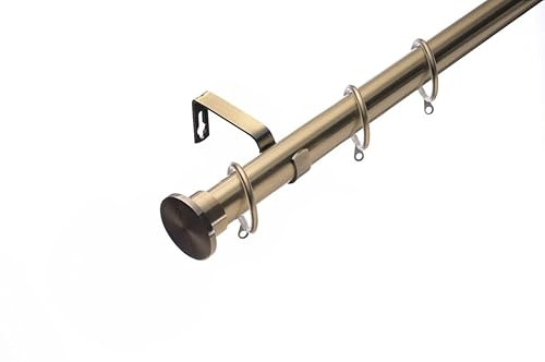 Lister Cartwright 28mm Antique Brass Adjustable Telescopic Extendable Metal Curtain Pole Set Rings with Disc Stopper Finial Voile Easy fit to Outdoor, Bedroom, Living Room (120-210 cm)
