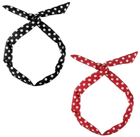 Set mit 2 Stirnbändern mit Punkten für Mädchen und Damen – Bandana im Retro-Stil der 50er Jahre, Vintage-Stil, verstellbar, aus weicher Baumwolle (rot, schwarz)