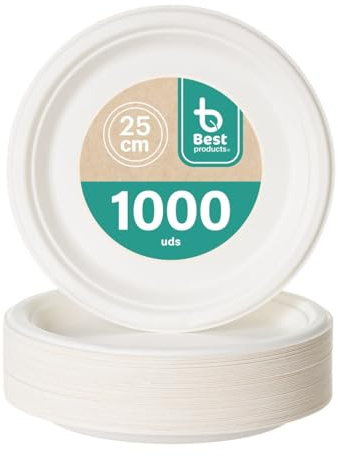 BEST PRODUCTS - 1000 Platos Caña de Azúcar Desechables Ecológicos Biodegradables Compostables y Reciclables Para Fiestas Cumpleaños Comuniones Redondos Llanos Ø 25 cm