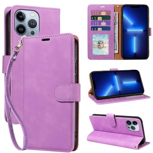 GOTOURED Wallet Phone Case for iPhone 13 Pro Max 6.7 inch, [RFID Blocking 4 Card Slots] [Wrist Strap] [Kickstand] Magnetic Closure Shockproof Protective Soft Leather Flip Cover (Purple)