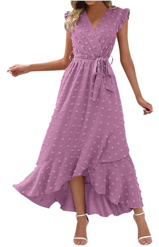 Keepink Robes pour femmes UK Élégante robe d'invitée de mariage bohème à pois suisses sans manches Robe d'été à col en V Robe longue fendue avec ceinture Taille 36-44, 2 x Violet, 44