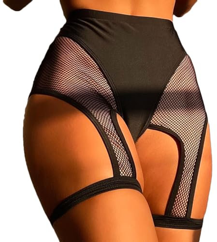 Damen Mesh Shorts mit Strumpfbändern Sexy Gym Sportshorts Hohe Taille Shorts Elastisch und Transparent Schwarz Fischernetz Bekleidung Sporthose mit Beingurt für Tanz im Barra Club Yoga Fitness