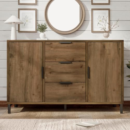 SUKY Cómoda con 2 puertas y 3 cajones, 120 * 40 * 76 cm en roble oscuro, aparador para dormitorio y todas las estancias, con estante ajustable