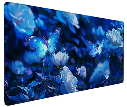Blau Mauspad xxl Mauspad Schreibtischunterlage 1200x600 Genähte Kanten Mauspad, Gummibasis Schmetterling Gaming Mauspad Stabiler Halt auf Glatten Oberflächen Verbessert Präzision für PC, Laptop J-P