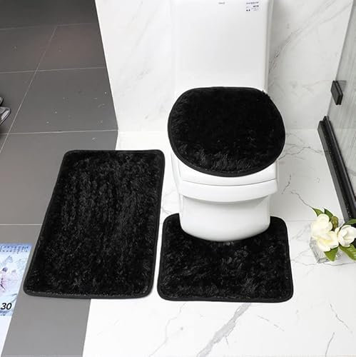 Juego de 3 alfombras de baño de microfibra suave, antideslizante, funda de asiento de inodoro de felpa esponjosa, tapete absorbente de agua, lavable a máquina (negro)