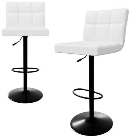 Fruyyzl Taburetes Altos de Cocina Juego de 2, Taburete Bar Giratorio Ajustable de Cuero PU Moderno, Sin Reposabrazos Taburete Cocina Alto, Cojín Asiento Engrosado Taburete Alto, Blanco, Patas Negras