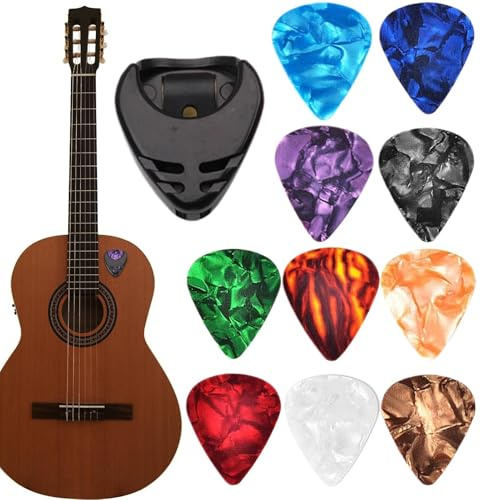 Púas de guitarra y soporte para púas de guitarra, 10 púas de guitarra C-eluloide, púa de guitarra acústica, púa de guitarra eléctrica, bajo y ukelele
