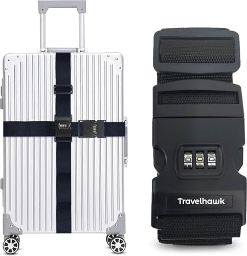 Travelhawk Koffergurt mit Zahlenschloss 1 Stück - Kofferband mit TSA-Schloss, 3-Stelligem Zahlencode, Gepäckgurte für Koffer, Handgepäck, Reisekoffer Spanngurt, Luggage Strap - Schwarz