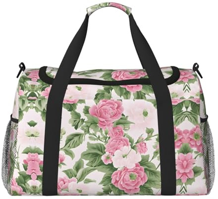 Sporttasche für Damen, Reisetasche mit Pflanzen-Blumendruck, Sporttasche mit Fach, Seesack für Herren, Damen, Handgepäck, Wochenend-Reisehandtasche für Damen, Schwarz , Einheitsgröße