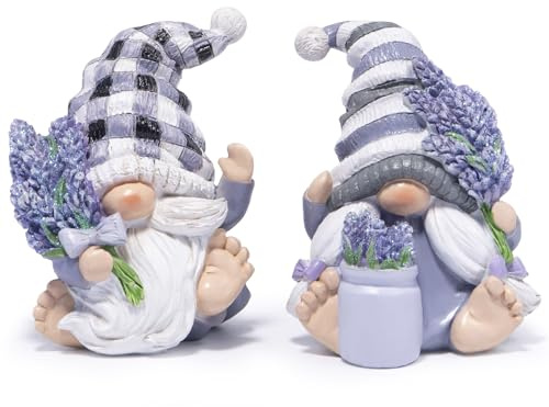 Hodao Spring Lavender Gnomes Set - Handcrafted Zen Home Decor Romantic Garden Figurines for Indoor/Outdoor, Calming Gifts for Women, Grandmothers, and Nature Lovers Spring Purple Figurines Decoration