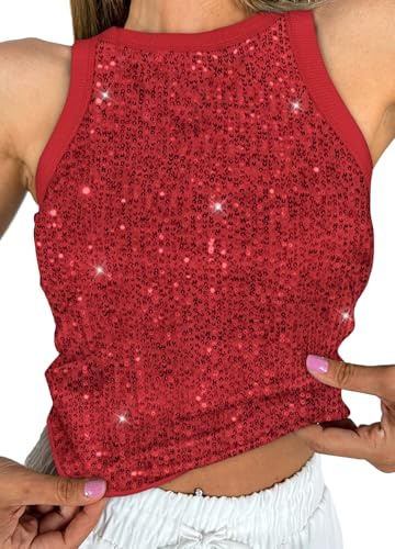 Naimo Débardeur à paillettes pour femme - Sans manches - Col rond - Blouse scintillante - Sexy - Pour fête, club, rouge, S