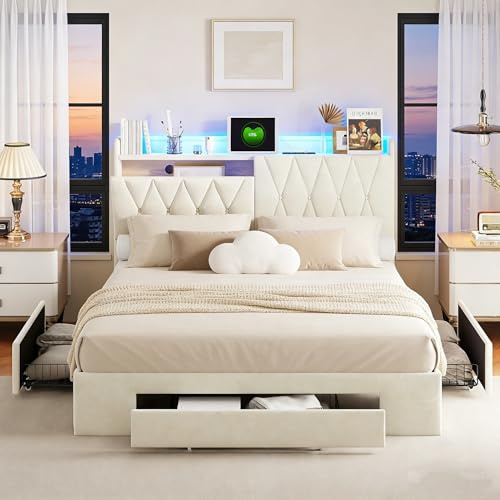 BRILVERDE Polsterbett 140x200 mit Stauraum Schubladen, Doppelbett mit LED/USB, Jugendbett mit Kopfteil, Bettgestell mit Lattenrost, Samt (Beige, 140 x 200 cm)