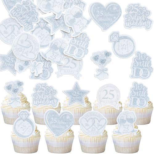 Gyufise 54Pcs Edible 25th Anniversary Cupcake Toppers Silver Happy Wedding Glutinous Rice Paper Cheers to 25 Years We Still Do Picks Party Cake Decorations Supplies