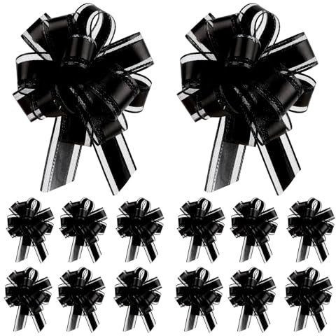 12 Stück Geschenkschleife, Geschenkschleife Groß Geschenkband Schwarz, 11 cm Schleifenband Geschenk Schleife Schleife mit Band, Große Zugschleife für Geschenkverpackung, Partydeko, Event und Hochzeit