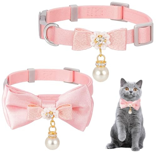 Niedliches Katzenhalsband mit Schleife, Katzenhalsband, Breakaway, rosa Katzen, Schleifen und Zubehör, verstellbar, niedlich, mit Perlenanhänger für Mädchen, Katzen, Rosa, 2 Stück