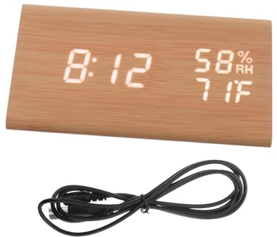 Cabilock Reloj Despertador Digital de Madera LED con Control de Sonido y Temperatura Reloj de Mesita de Noche USB Brillo Regulable para Decoración Moderna