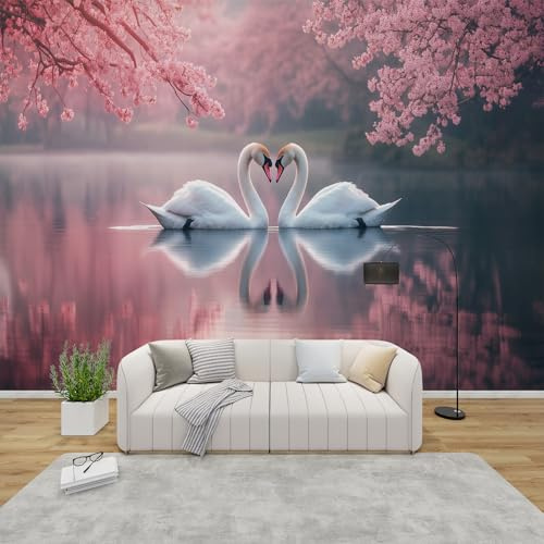MMYAOKEN Papier Peint Panoramique Cygne 350x256 cm - Décoration Murale Romantique Fleurs Rose - Tapisserie Murales Papier Peint Intissé pour Chambre Salon - Poster Tableaux Photo Muraux