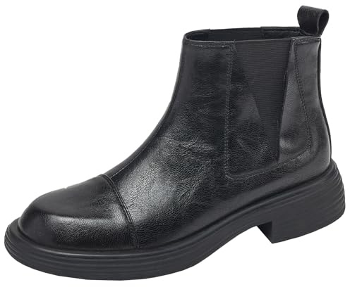 BULVJ Dam höst/vinter Chelsea stövletter, rund spets, ankelstövlar av äkta kohud med Slip On, svart, 34 EU