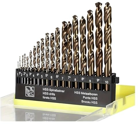 Jeu de forets hélicoïdaux Lot de 19 forets hélicoïdaux au cobalt, emballés dans une boîte en plastique, for bois, acier inoxydable, fonte