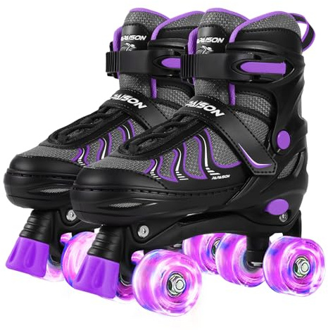 PAPAISON Roller Skates for Girls Ages 8-12, Adjustable Size Youth Women Quad Skates with Light up Wheels Indoor Outdoor