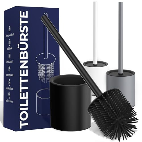 BLUEBRICKS® Klobürste Silikon schwarz mit Edelstahl Griff & Halter - Antibakterielle Design Toilettenbürste mit WC Bürstenhalter - geruchsneutral - WC Bürste Silikon mit Spritzschutz