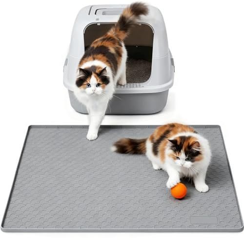 Tappetino per Lettiera per Gatti in Silicone Alimentare, Formato Grande 86x56cm, Impermeabile e Resistente all'Urina, Facile da Pulire, Sottovaso Antiscivolo per Pavimento con Bordo (Grigio Chiaro)