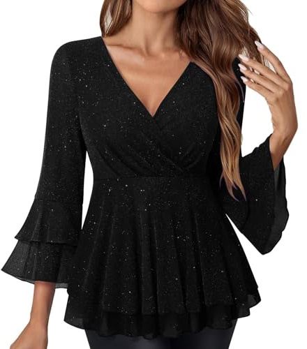 Top da donna scintillante da donna con volant svasato manica a 3/4 eleganti camicette eleganti glitterate a doppio strato camicie in rete con scollo a V casual tunica top slim magliette da sera feste