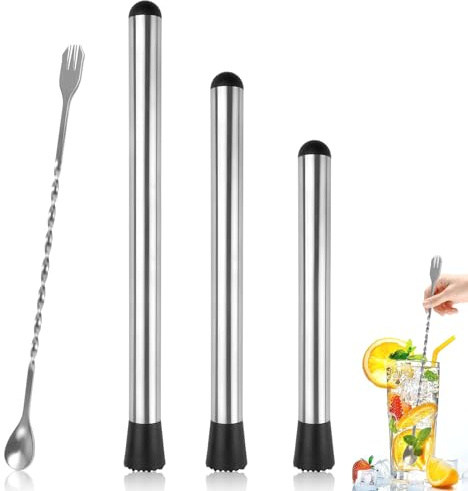 Muddler for Cocktails, 4 Pack Cocktail Muddler 8 10 12 and Bar Spoon Set, Stainless Steel Muddler Tool for Mojitos Fruit Lemon Drinks Party, Lemonade Stand Supplies, Bar Accessories