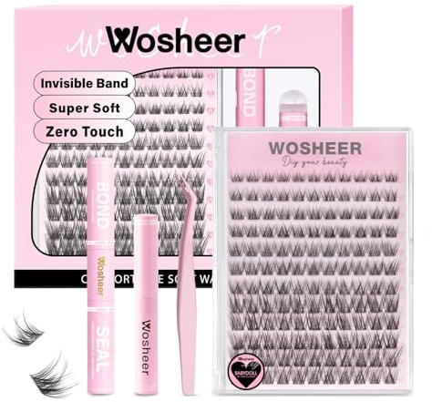 Wosheer Lash Clusters Kit Wispy Eyelash Clusters Lashes Natural DIY Lash Extension Kit Cluster Eyelash Extensions Kit Individual Lashes Cluster D Curvature (8-16mm, Babydoll Kit)