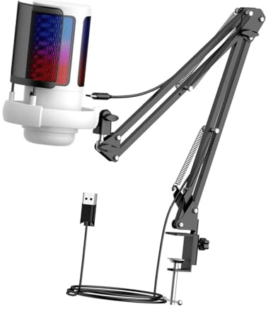 drburpily Micrófono USB con cancelación de Ruido y Brazo Flexible para Colgar. Micrófono para Podcast con iluminación RGB. Grabaciones Atractivas. Perilla de Ganancia para