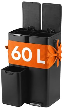Papelera Relaxdays 3 compart., 60 L, Cubos extraíbles, Cierre Suave, Pedal, Acero INOX, Separador residuos Cocina, Negra