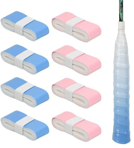 8 Pcs Gradient Tennis Racket Overgrips, Anti‑Slip Sweat‑Absorbent Thickened | PU badminton racket grip tape, suitable for badminton and squash racket handles, flexible and durable (pink & blue)