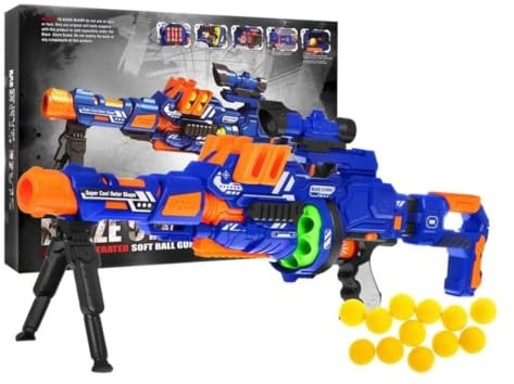 BSD Fusil à balles en Mousse Semi-Automatique Blaze Storm avec Chargeur à Bobine - Portée 10 m, capacité de 8 balles, Alimentation par Piles, viseur et stabilisateur Inclus