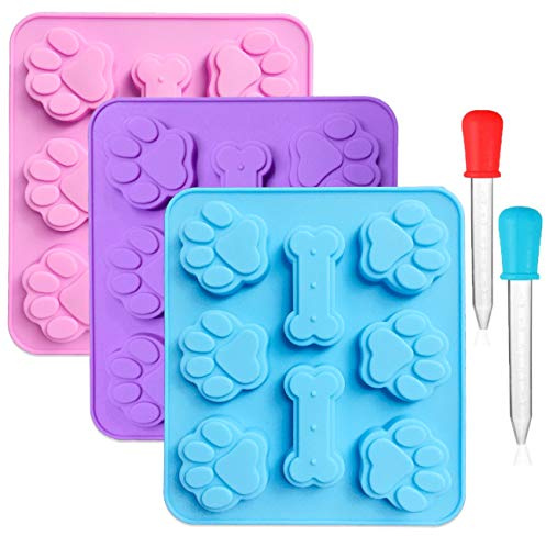 3er Pack Silikon Puppy Dog Paw & Knochen Förmigen Druck 2 in 1 Formen mit 2 Stück abgestufte Clear Liquid Droppers, 8-Cavity, wiederverwendbare Ice Candy Trays Schokoladenkekse Backformen Formen