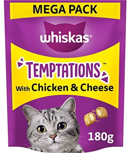 WHISKAS Temptations - Tasty, Crunchy Treats for Adult Cats, Small Bite Size Snacks with a Delicious Chicken and Cheese Filling, 4 x 180 g Packets - Pack May Vary
