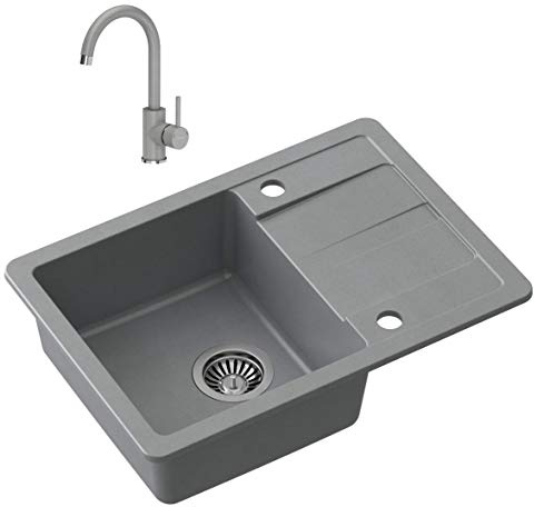 VBChome Évier de cuisine avec robinetterie - Gris - 62 x 44 cm - En granit - Montage simple - Surface d'écoulement moucheté - Réversible - Robinet de cuisine + siphon + distributeur de liquide