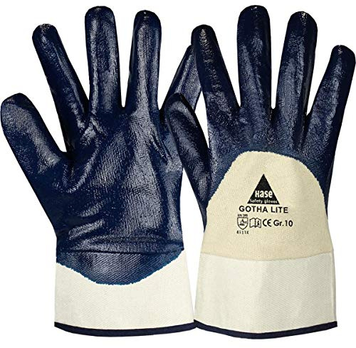 12 Paar Hase Safety Gotha Lite Nitril-Arbeitshandschuhe teilbeschichtet, ölbeständige Nitrilhandschuhe mit Stulpe Größe L (09)