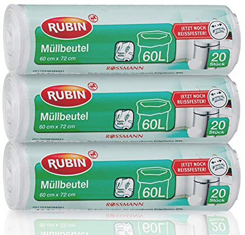 Müllbeutel - 60 Liter - besonders Reißfest - 3er Pack - 60 Stück ( 3 x 20 Stück) - aus recyclebarem Polyethylen (PE)-