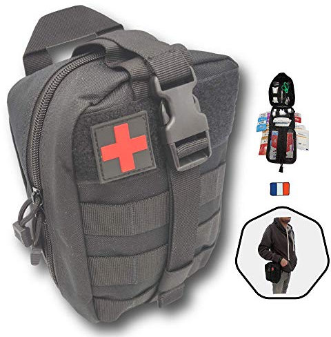 trousse de secours complète militaire noire tactique Kit compact 103 pcs ASSEMBLE EN FRANCE +3 tire tiques Se fixe à la ceinture Conçu pour toutes activités randonnée,voyage airsoft