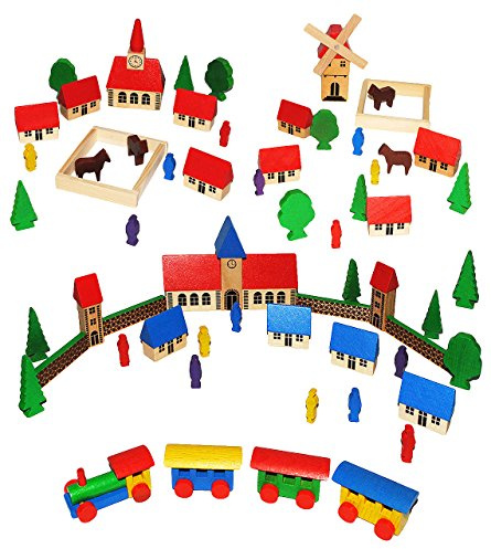 alles-meine.de GmbH 64 TLG. Set: Dorf mit Eisenbahn, Windmühle, Schule, Häuser & Bäume, Figuren und Zäune - aus Holz - Baukasten - Original Erzgebirge - ideal für Holzeisenbahn G..