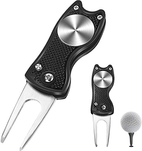 Golf Divot Werkzeug Edelstahl Golf Divot Reparatur Werkzeug Faltbare Golf Pitchgabel Metall Golf Divot Werkzeug mit Knopf und Golfball Marker für Golf, Schwarz