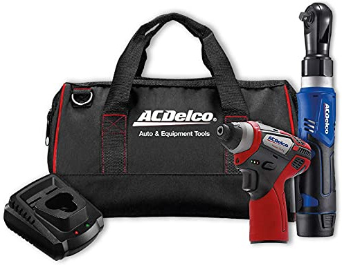 ACDelco ARW1209-K15 G12 Lithium-Ion 12V (10.8V) Electric 3/8” Cordless Ratchet Wrench & 1/4 Hex Impact Driver Power Tool Combo Kit | Tool Set Includes x1 Battery Pack, Charger & Canvas Bag